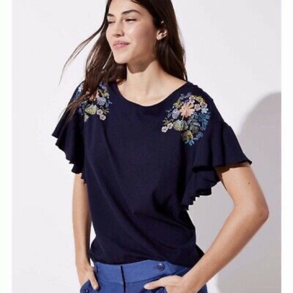 LOFT Floral Embroidered Ruffle Shoulder Tee